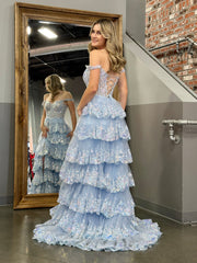 Princess A Line Off the Shoulder Corset Prom Dress with Lace Ruffles