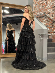 Princess A Line Off the Shoulder Corset Prom Dress with Lace Ruffles