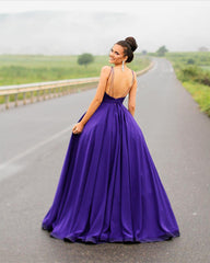 Long Purple Prom Dresses Satin Open Back