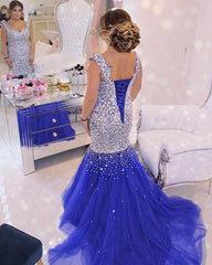 Fully Crystal Beaded Royal Blue Tulle Mermaid Prom Dresses