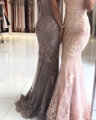 Spaghetti Straps V-neck Mermaid Evening Dresses Lace Appliques Prom Gowns