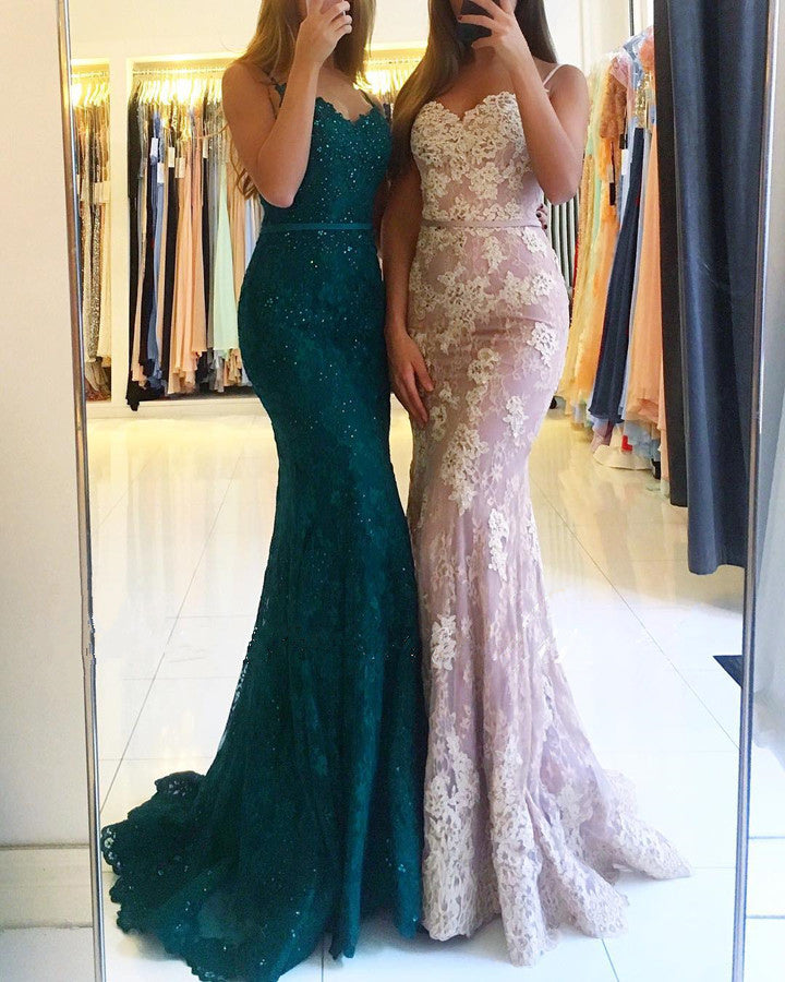 Spaghetti Straps V-neck Mermaid Evening Dresses Lace Appliques Prom Gowns