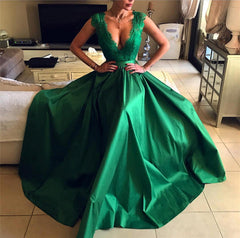Modest Lace Cap Sleeves V-neck Long Leg Split Satin Prom Dresses