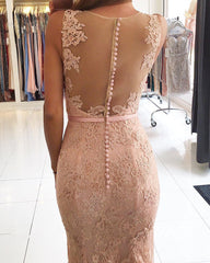 Sexy Nude Back Champagne Lace Mermaid Evening Dresses