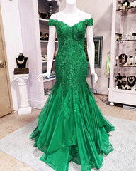 Elegant Lace Appliques V-neck Off The Shoulder Mermaid Prom Dresses