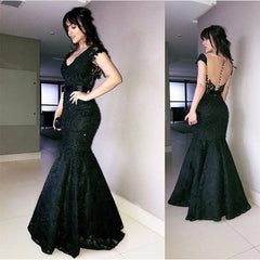 V Neck Bow Sashes Black Lace Mermaid Evening Dresses