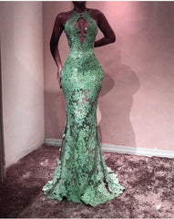 Unique Halter Top See Through Lace Prom Dress Mermaid Evening Gowns