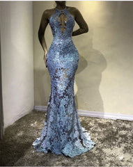Unique Halter Top See Through Lace Prom Dress Mermaid Evening Gowns