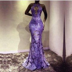 Unique Halter Top See Through Lace Prom Dress Mermaid Evening Gowns
