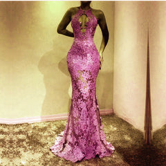 Unique Halter Top See Through Lace Prom Dress Mermaid Evening Gowns