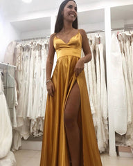 A-line V-neck Long Satin Evening Dresses Split Prom Gowns