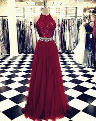 Lace Crop Top Tulle Prom Dresses Two Piece Evening Gowns Beaded Sashes
