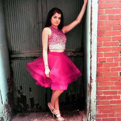 Ombre Sequins Beaded Ruffle Homecoming Dresses Two Piece