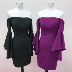 Off The Shoulder Satin Sheath Homecoming Dresses With Puffy Sleeves