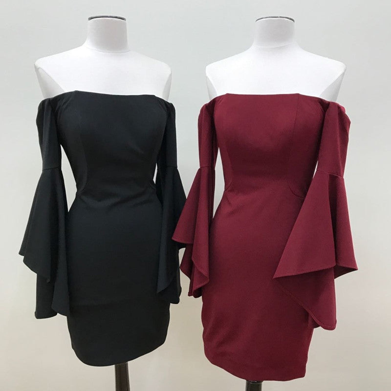 Off The Shoulder Satin Sheath Homecoming Dresses With Puffy Sleeves