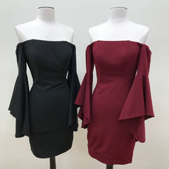 Off The Shoulder Satin Sheath Homecoming Dresses With Puffy Sleeves