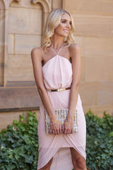 Sheath/Column Halter Bridesmaid Dresses with Gold Metal Belt