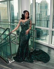 Luxury One Shoulder Satin Beaded Evening Dress Emerald Green Mermaid Prom Dress S204