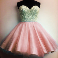 Ice Blue Tulle Pearl Sweetheart Homecoming Dresses Short Prom Gowns