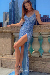 Ice Blue Sequin Spaghetti Strap Side Slit Backless Evening Dresses ,CP0862