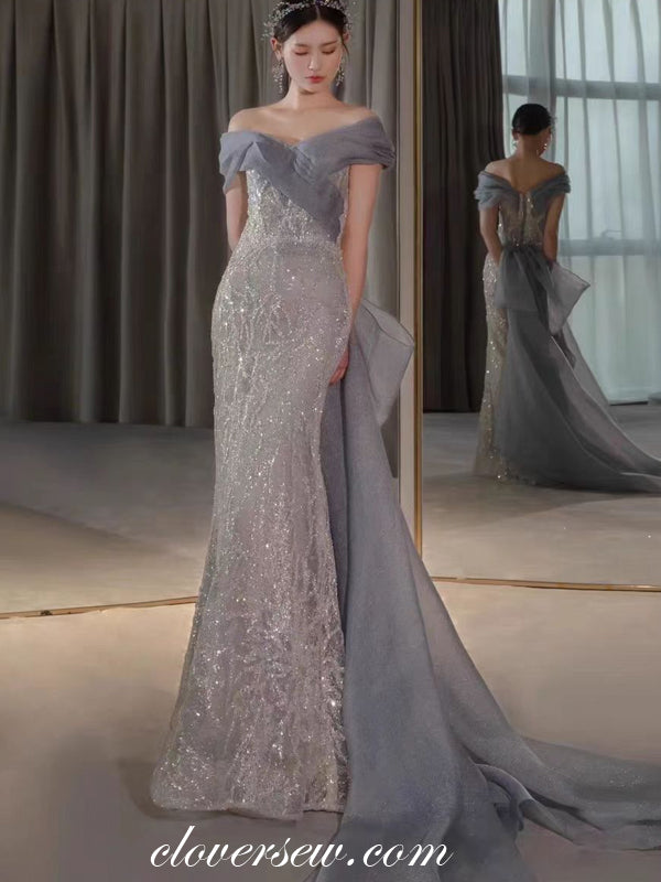 Ice Blue Sparkly Beading Tulle Mermaid Stunning Evening Dresses, CP0848
