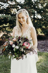 Illusion V-Neck A-line Beach Wedding Dress Chaple Train Bridal Gown TN203
