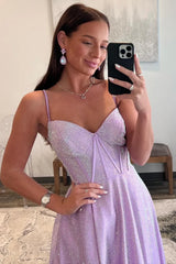 Wholesale Lilac Glitter A-Line Spaghetti Straps Long Beaded Prom Dress with Slit prom dresses shops