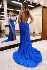 Wholesale Royal Blue Glitter Mermaid Open Back Long Corset Beaded Prom Dress prom dresses with long sleeves