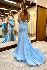 Wholesale Light Blue Glitter Mermaid Open Back Long Corset Beaded Prom Dress prom dresses with long sleeves