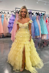 Tulle Off the Shoulder A-Line Ruffled Applique Long Prom Dress with Slit