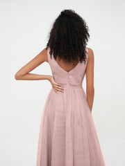 Princess Full Length Tulle Dresses with V-neckline-Dusty Rose