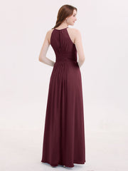 Halter Long Chiffon Dress with Pleated Waist-Cabernet