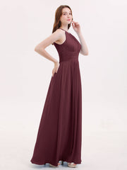 Halter Long Chiffon Dress with Pleated Waist-Cabernet