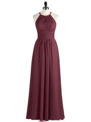Halter Long Chiffon Dress with Pleated Waist-Cabernet