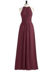 Halter Long Chiffon Dress with Pleated Waist-Cabernet