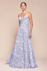 IRIS GOWN - BLUE - A-LINE SOFT SATIN CHIFFON PRINT DRESS