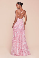 IRIS GOWN - ROSE - A-LINE SOFT SATIN CHIFFON PRINT DRESS