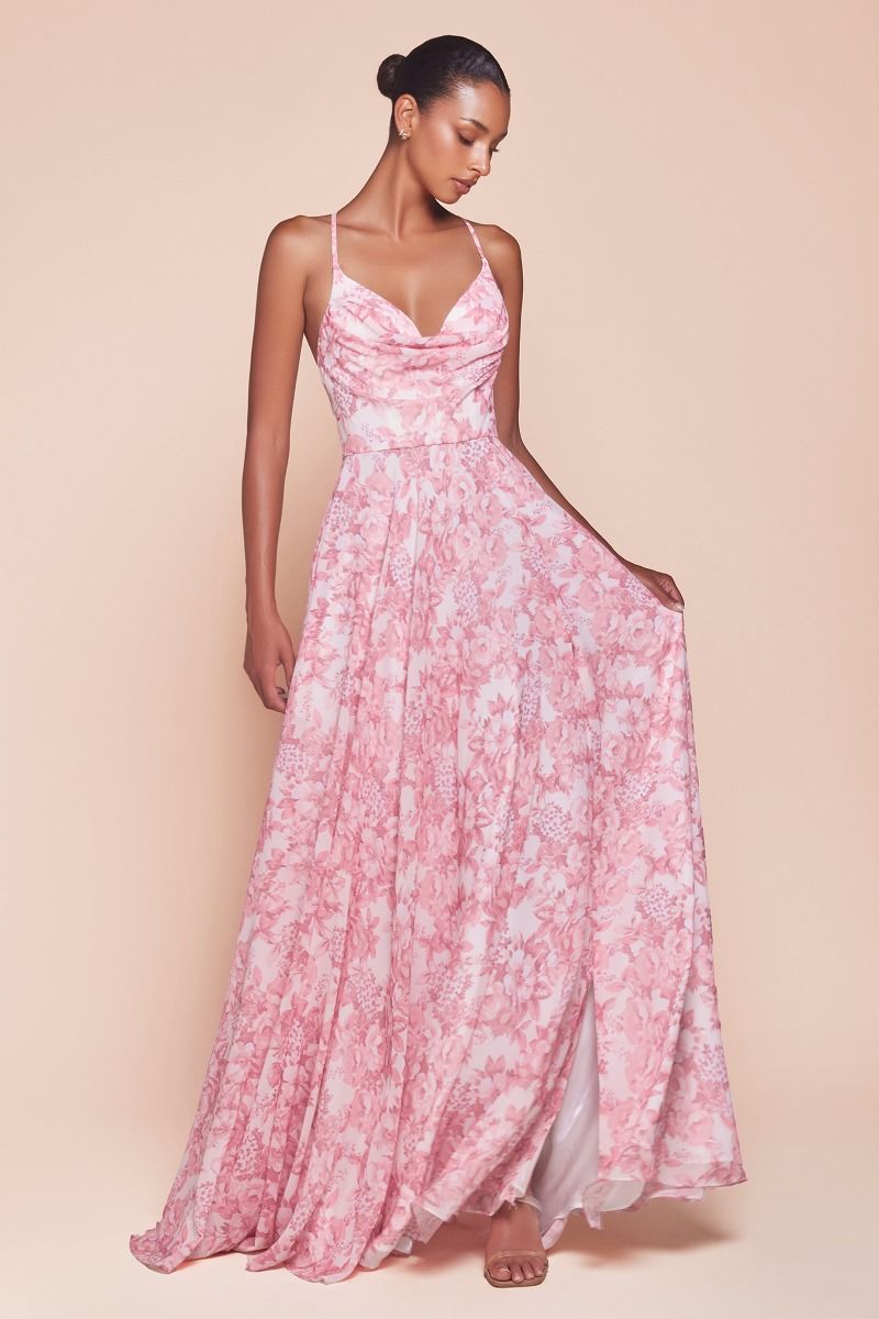 IRIS GOWN - ROSE - A-LINE SOFT SATIN CHIFFON PRINT DRESS