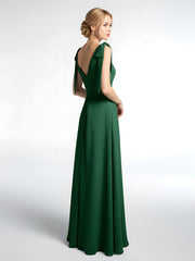 Bowed Flat Strap Chiffon Maxi with Front Slit-Dark Green