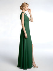 Bowed Flat Strap Chiffon Maxi with Front Slit-Dark Green