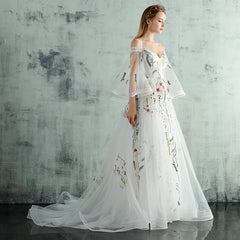 White Tulle Lace  Spaghetti Straps Long Evening Dress, Embroidery White Prom Dress