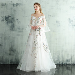 White Tulle Lace  Spaghetti Straps Long Evening Dress, Embroidery White Prom Dress