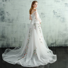 White Tulle Lace  Spaghetti Straps Long Evening Dress, Embroidery White Prom Dress