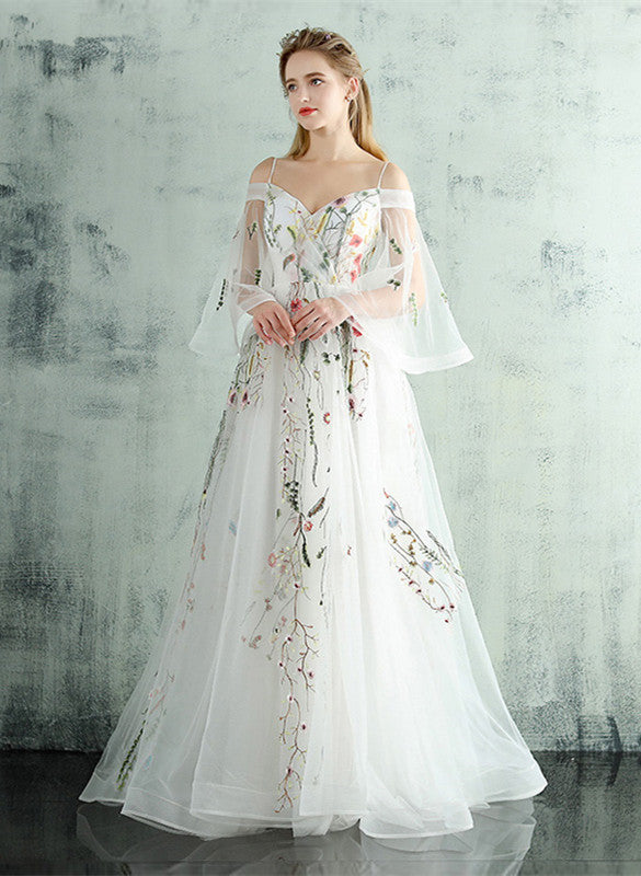 White Tulle Lace  Spaghetti Straps Long Evening Dress, Embroidery White Prom Dress
