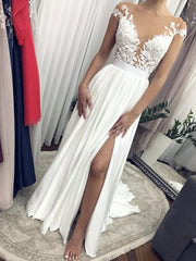 Cap Sleeves Round Neck Lace Long Wedding Dresses