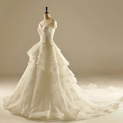 Ivory Lace A-line V Neck Off The Shoulder Wedding Dresses Princess