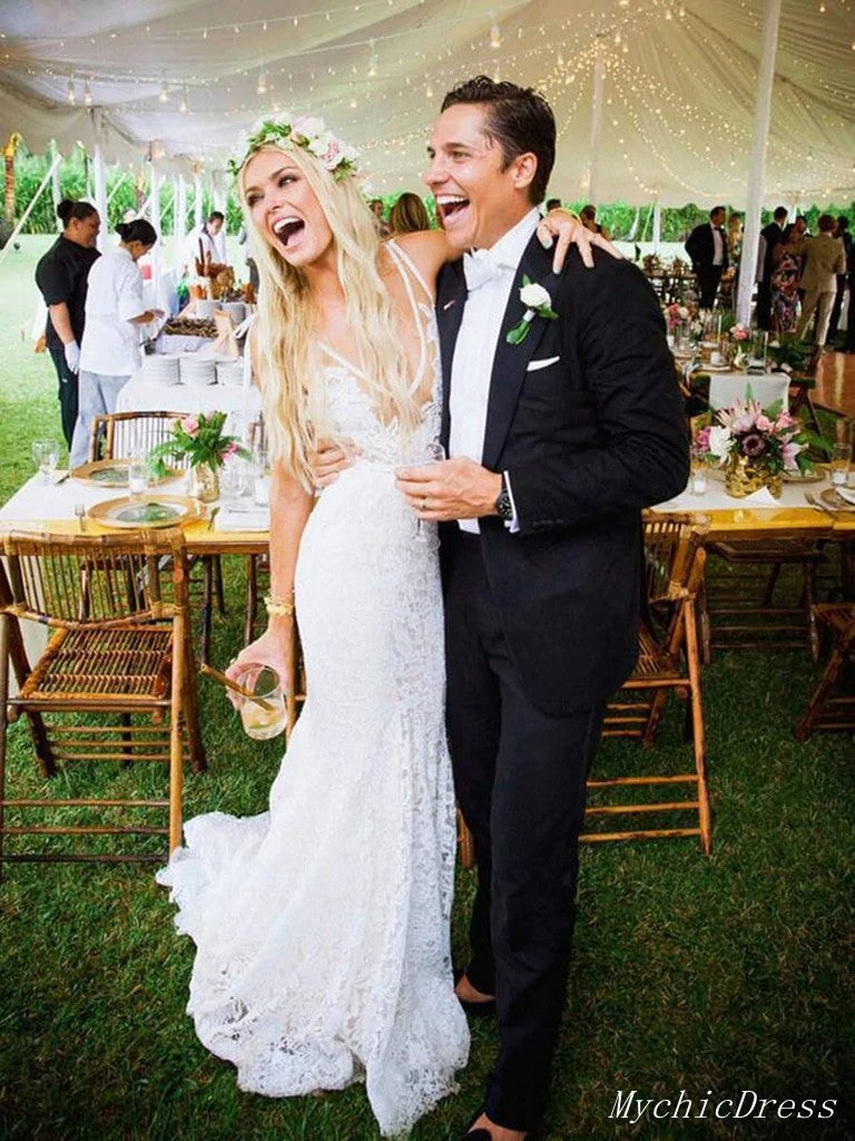 Mermaid Boho Beach Lace Wedding Dresses Country V Neck Bridal Gowns