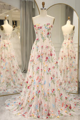 Wholesale Ivory Flower Tulle Sweetheart Long A-Line Prom Dress with Embroidery prom clothing