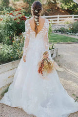 Bohemian A-line Long Sleeve V-Neck Ivory Lace Country Style Wedding Dress