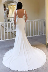 Modest Ivory Plunge V Neck Open Back Mermaid Long Wedding Dress TN377